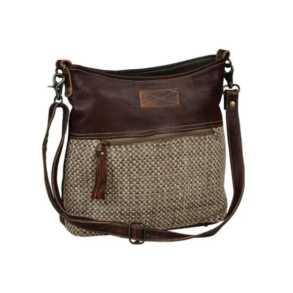 Myra Bag Handmade Virtue Shoulder Bag Upcycled Canvas & Cowhide Leather - Picture 2 of 5